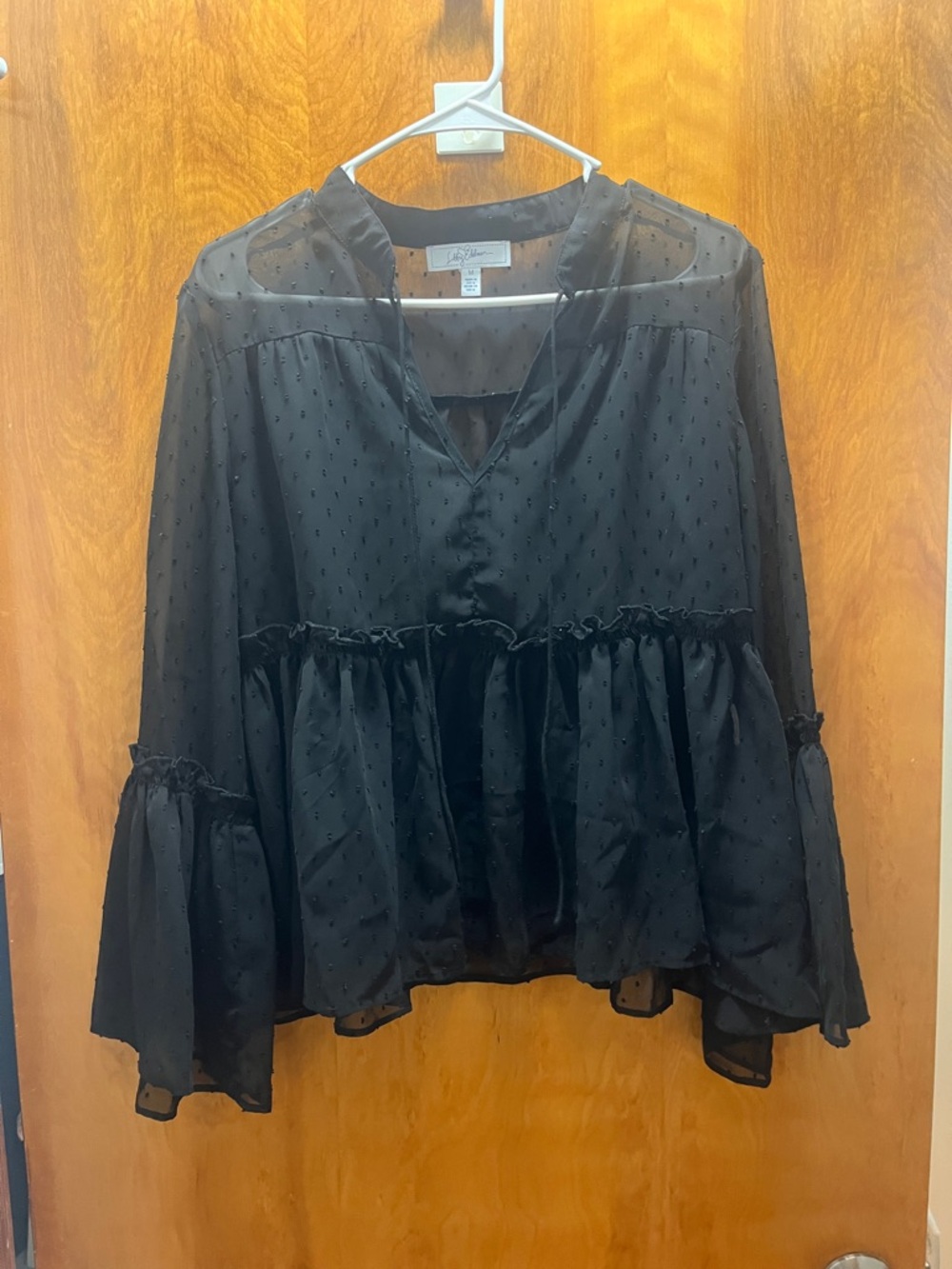 libby. edelman Black Swiss Dot Ruffle Peplum Sheer Tunic